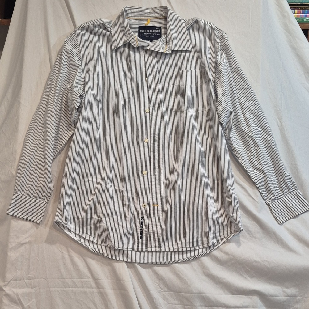 Nautica‎ Jeans Co. Men's Striped Long Sleeve Button-Up Shirt Embroidered M